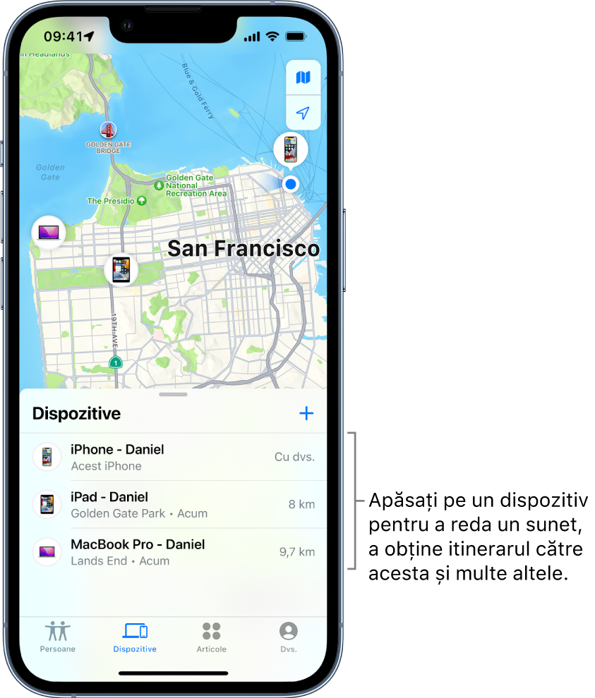 Ecranul Găsire deschis în lista Dispozitive. Există trei dispozitive în lista Dispozitive: iPhone - Daniel, iPad - Daniel și MacBook Pro - Daniel. Localizările lor sunt afișate pe o hartă a orașului San Francisco.