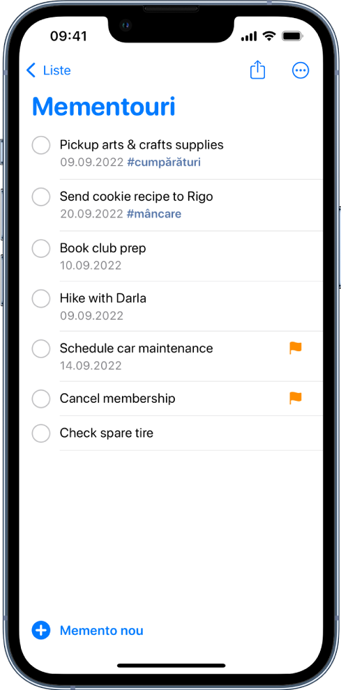 Un ecran Mementouri prezentând o listă de lucruri de făcut. Butonul Memento nou este în stânga jos.