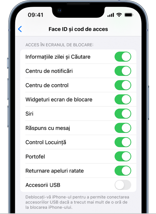 Ecranul Face ID și cod de acces, cu configurări pentru permiterea accesului la anumite funcționalități când iPhone‑ul este blocat.