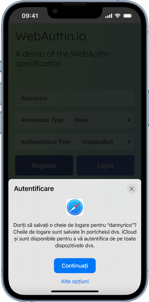 Jumătatea de jos a iPhone‑ului oferă opțiunea de a utiliza chei de logare pentru autentificarea pe un site web. Acesta are un buton Continuați pentru salvarea unei chei de logare și un buton Alte opțiuni.