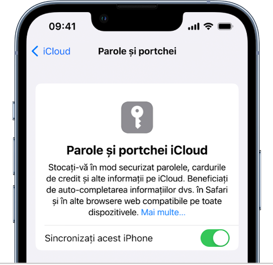 Ecranul Parole și portchei iCloud, cu o configurare pentru sincronizarea acestui iPhone.