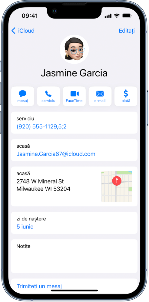 Ecranul de informații al unui contact. În partea de sus se află poza și numele contactului. Mai jos sunt butoanele pentru trimiterea unui mesaj, efectuarea unui apel telefonic sau a unui apel FaceTime, trimiterea unui mesaj e-mail și trimiterea unei sume de bani cu Apple Pay. Sub butoane se află informațiile despre contact.