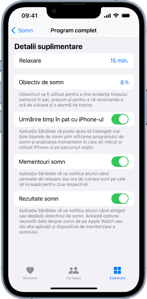 Secțiunea Detalii suplimentare din ecranul Program complet.