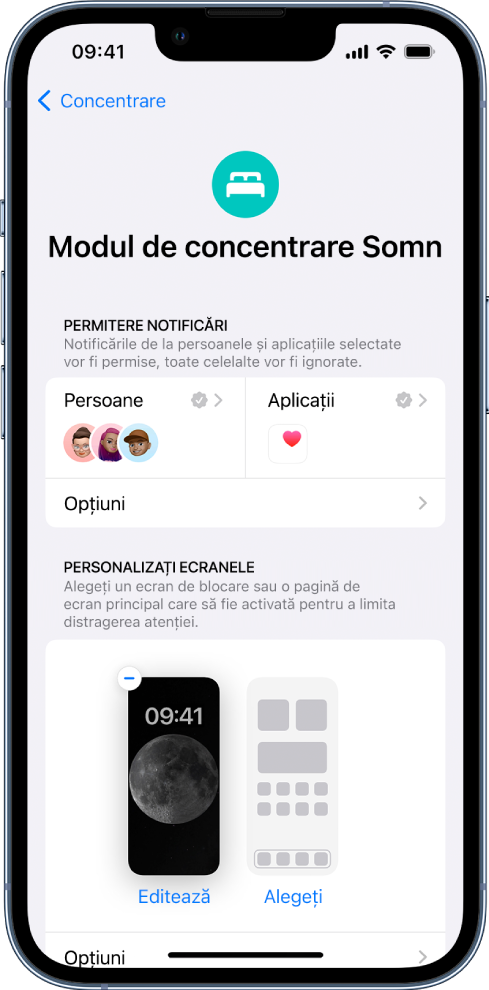 Ecranul Modul de concentrare Somn, indicând faptul că trei persoane și o aplicație sunt autorizate să trimită notificări.