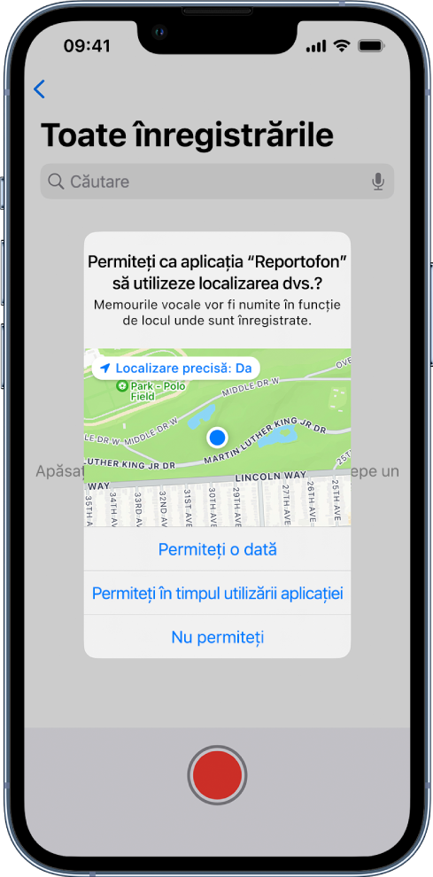 O solicitare din partea unei aplicații pentru a utiliza datele de localizare pe iPhone. Opțiunile disponibile sunt: Permiteți o dată, Permiteți în timpul utilizării aplicației și Nu permiteți.