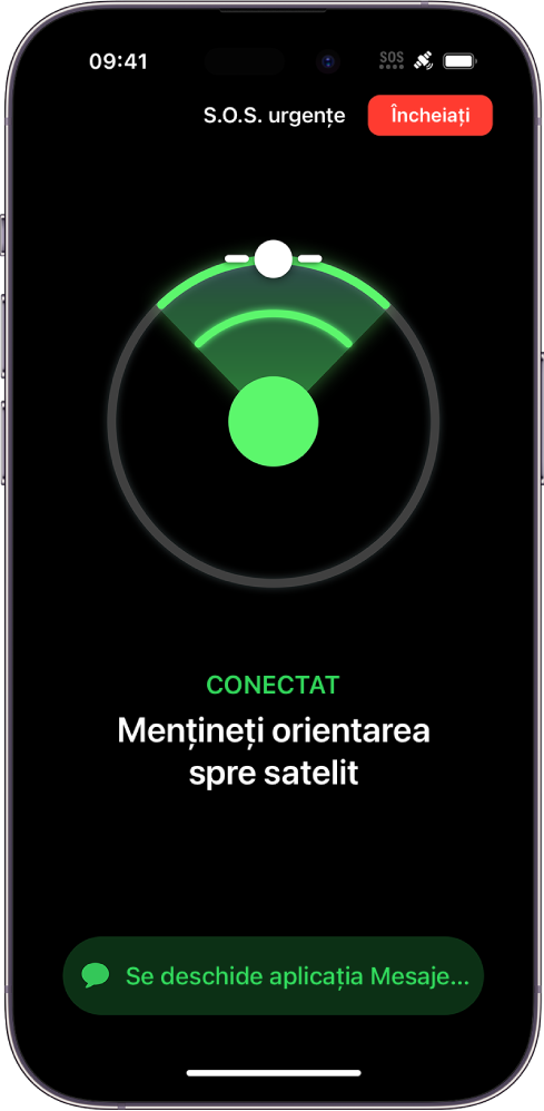 Un ecran S.O.S. urgențe cu o imagine care îndrumă utilizatorul să-și îndrepte iPhone‑ul spre un satelit. Dedesubt se află o notificare privind deschiderea aplicației Mesaje.