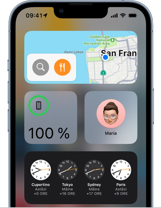 Widgetul Hărți și alte widgeturi pe ecranul unui iPhone.