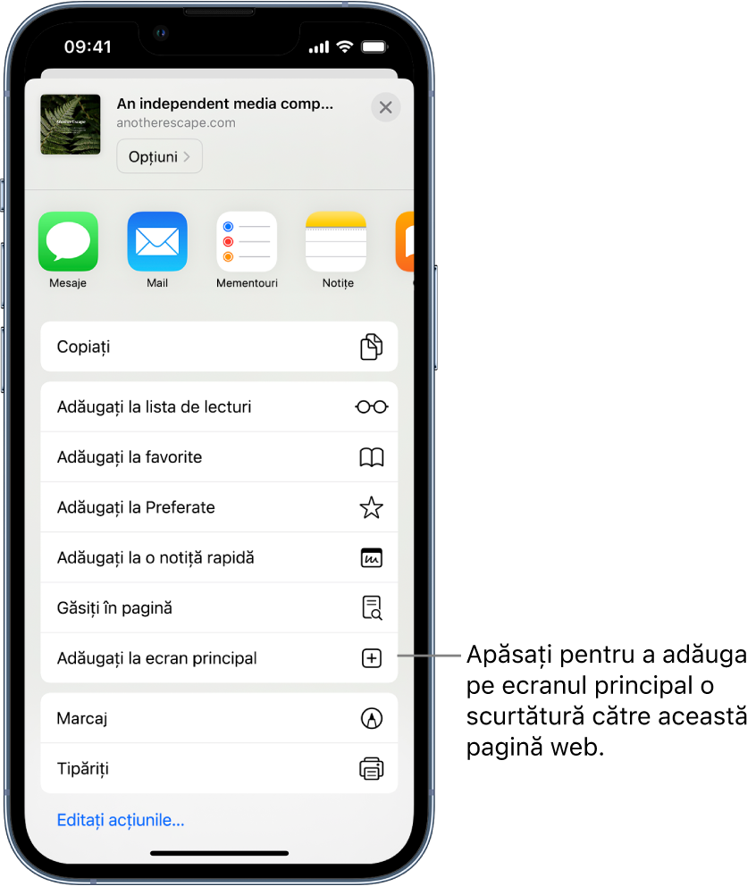 În Safari, a fost apăsat butonul Partajați pentru un site web, afișând o listă de opțiuni. În apropierea părții de jos a ecranului este opțiunea Adăugați la ecranul principal. Apăsați pentru a adăuga o scurtătură la acest site web pe ecranul principal.