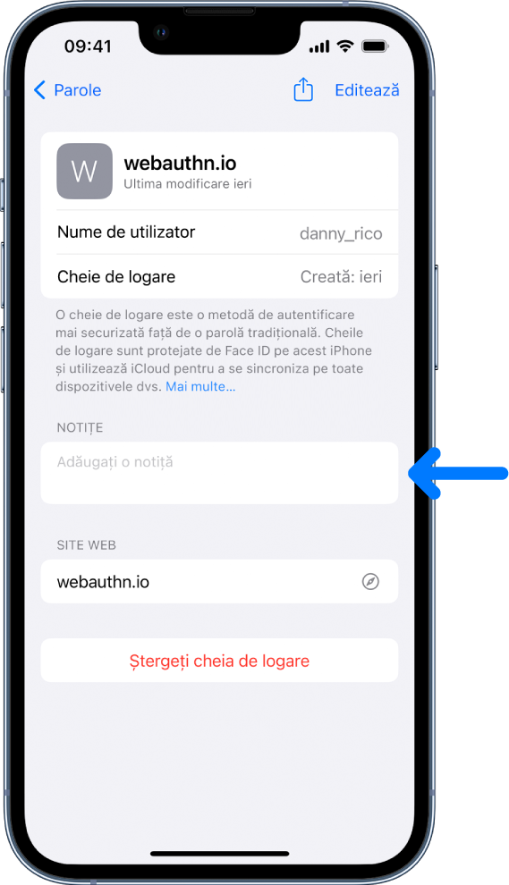 Un ecran al cheii de logare în portcheiul iCloud, cu informații despre cheia de logare și un loc în care se pot adăuga și vizualiza notițe.