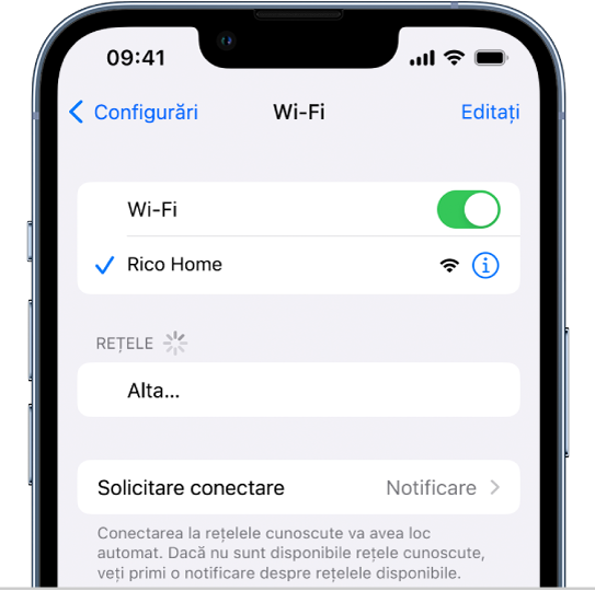 Ecranul de opțiuni Wi-Fi din Configurări. Conexiunea Wi-Fi este activată și este selectată o rețea.