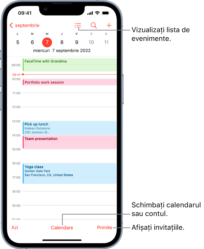 Un calendar în vizualizarea Zi, afișând evenimentele zilei. Butonul Calendare din partea de jos a ecranului vă permite să schimbați contul de calendar. Butonul Primite din dreapta jos vă permite să vedeți invitațiile.