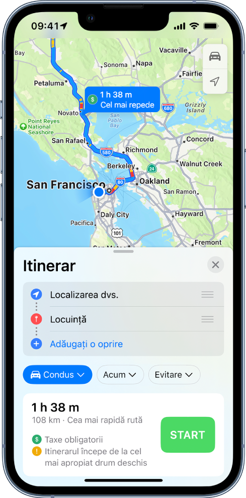 O hartă a unei rute auto cu butonul Start în partea dreaptă jos.