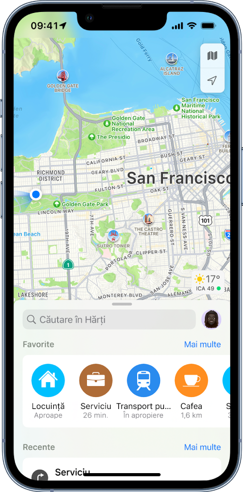 Aplicația Hărți, afișând patru locuri favorite în partea de jos a ecranului.
