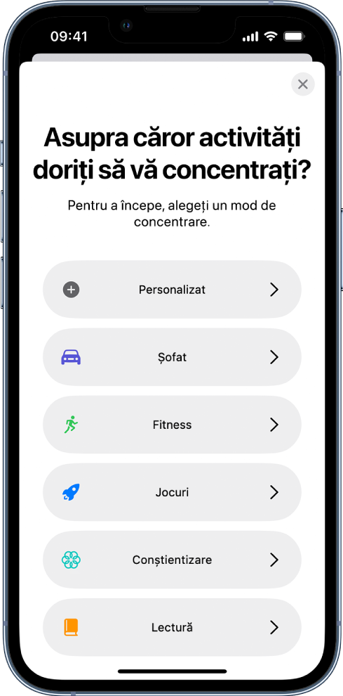 Ecranul de configurare a unui mod de concentrare pentru una dintre opțiunile suplimentare furnizate, inclusiv Personalizat, Șofat, Fitness, Jocuri, Conștientizare și Lectură.