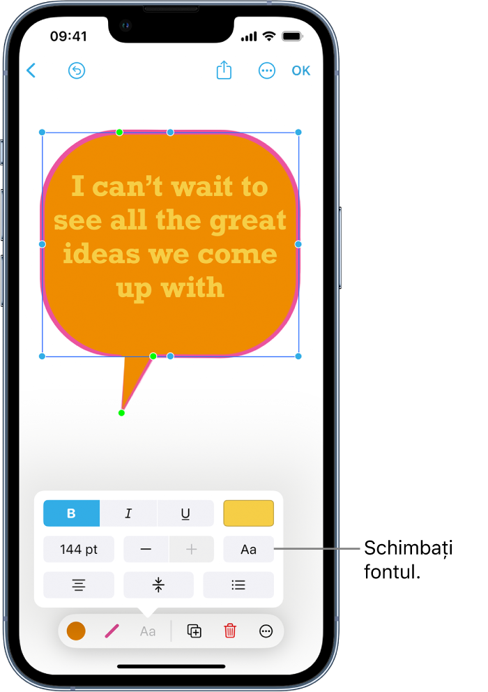O formă „balon de vorbire” selectată cu instrumente de formatare și puncte verzi și albastre vizibile. Un meniu pop-up cu opțiuni de formatare a textului apare deasupra instrumentelor de formatare.