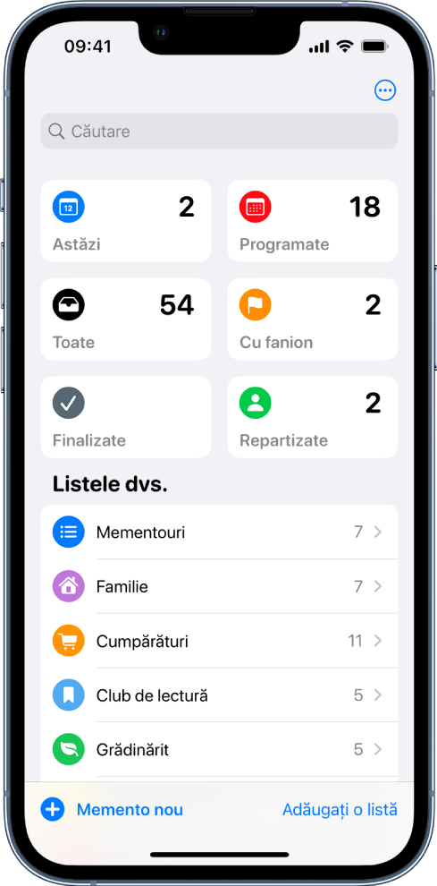 Un ecran prezentând mai multe liste în Mementouri. Câmpul de căutare apare în partea de sus, deasupra listelor inteligente pentru articolele scadente astăzi, mementourile programate, toate mementourile și cele cu fanion. Butonul Adăugați o listă este în dreapta jos.