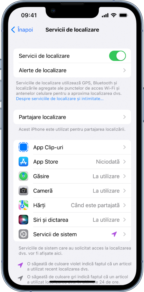 Ecranul Servicii de localizare, cu configurări pentru partajarea localizării iPhone‑ului, inclusiv configurări personalizate pentru aplicații individuale.