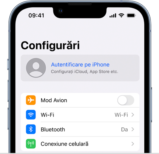 Ecranul Configurări, cu opțiunea Autentificare pe iPhone selectată.
