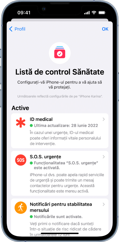 Ecranul Listă de control Sănătate indicând că funcționalitățile ID medical și notificările de stabilitate a mersului sunt activate.