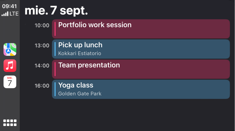 Ecranul unui calendar în CarPlay afișând patru evenimente pentru miercuri, 7 septembrie.