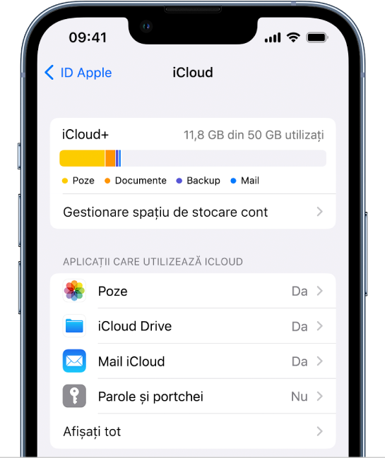 Ecranul de configurări iCloud afișând contorul de stocare iCloud și o listă de aplicații și funcționalități, inclusiv Poze, iCloud Drive și Mail iCloud ce pot fi utilizate cu iCloud.