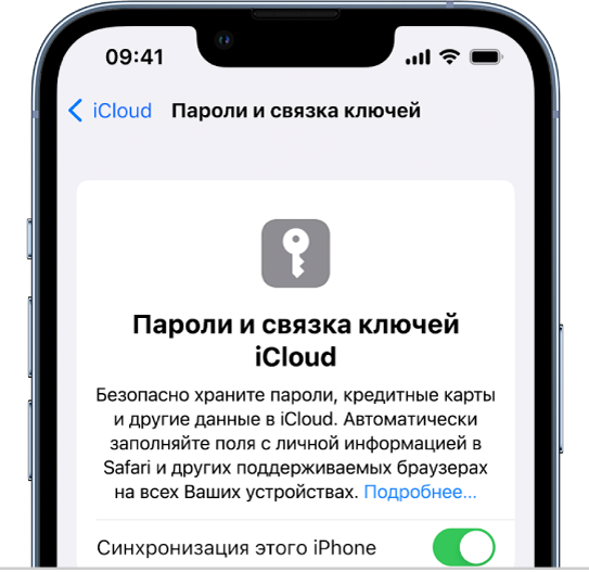 Экран «Пароли и связка ключей» в iCloud, выбрана настройка синхронизации этого iPhone.