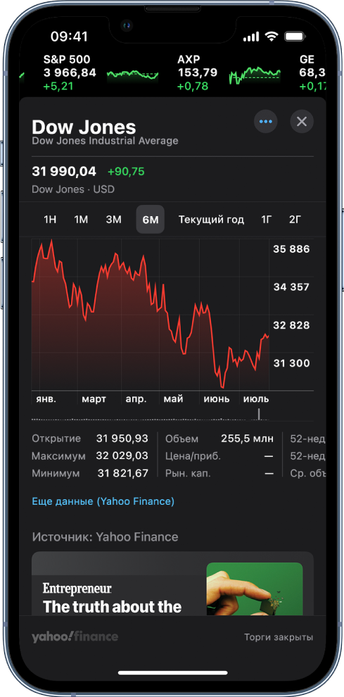В центре экрана расположен график с информацией об уровне доходности акций за один день. Над графиком расположены кнопки для отображения доходности акций за один день, одну неделю, один месяц, три месяца, шесть месяцев, один год, два года или пять лет. Под графиком показаны данные о котировках, такие как цена при открытии биржи, максимум, минимум и рыночная капитализация. Внизу экрана находится статья из Apple News.