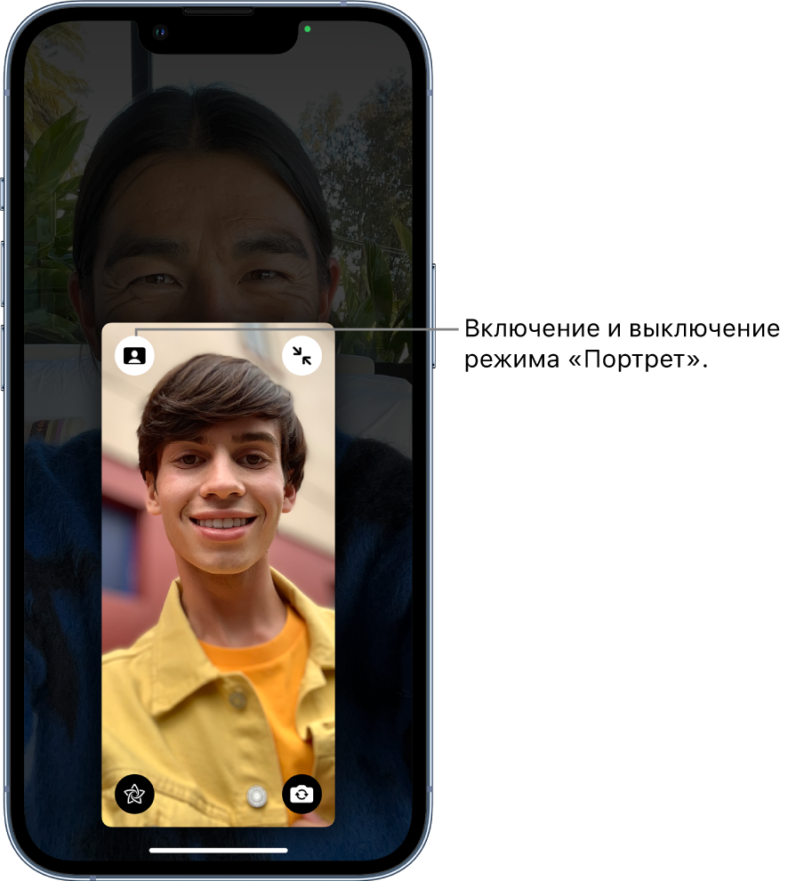 Показан вызов FaceTime; размер окна участника, совершающего вызов, увеличен, и в левом верхнем углу окна отображается кнопка для включения или выключения режима «Портрет».