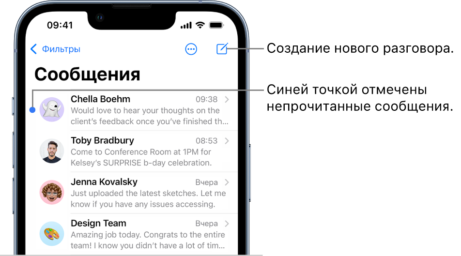 Список разговоров в приложении «Сообщения» с кнопкой создания сообщения вверху справа. Синей точкой слева отмечены непрочитанные сообщения.