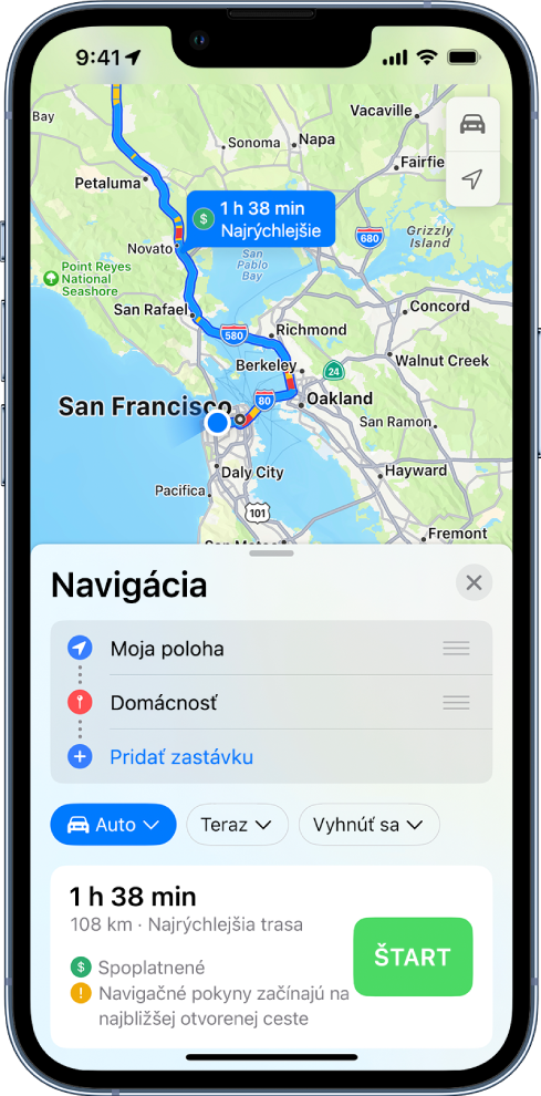 Mapa trasy autom s tlačidlom Štart vpravo dole.