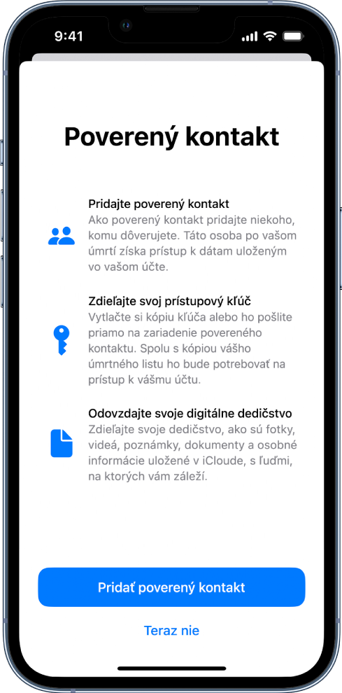 Obrazovka Poverený kontakt s informáciami o tejto funkcii. Naspodku sa nachádza tlačidlo Pridať poverený kontakt.