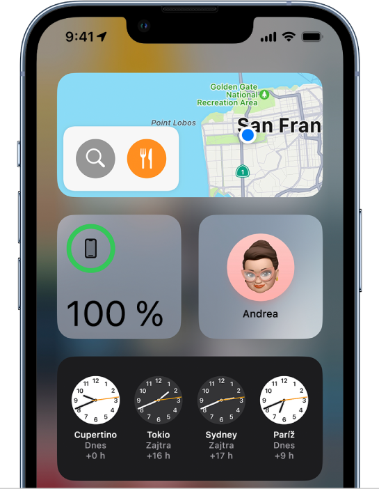 Widget Mapy a ďalšie widgety na obrazovke iPhonu.