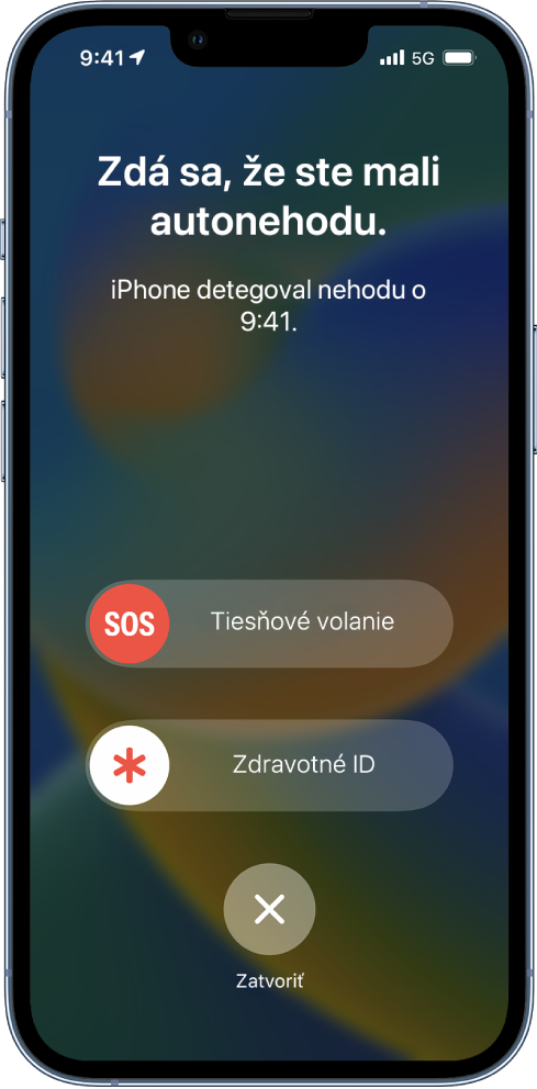 Obrazovka iPhonu s informáciou, že bola detegovaná nehoda, a s tlačidlami Tiesňové volanie, Zdravotné ID a Zatvoriť.