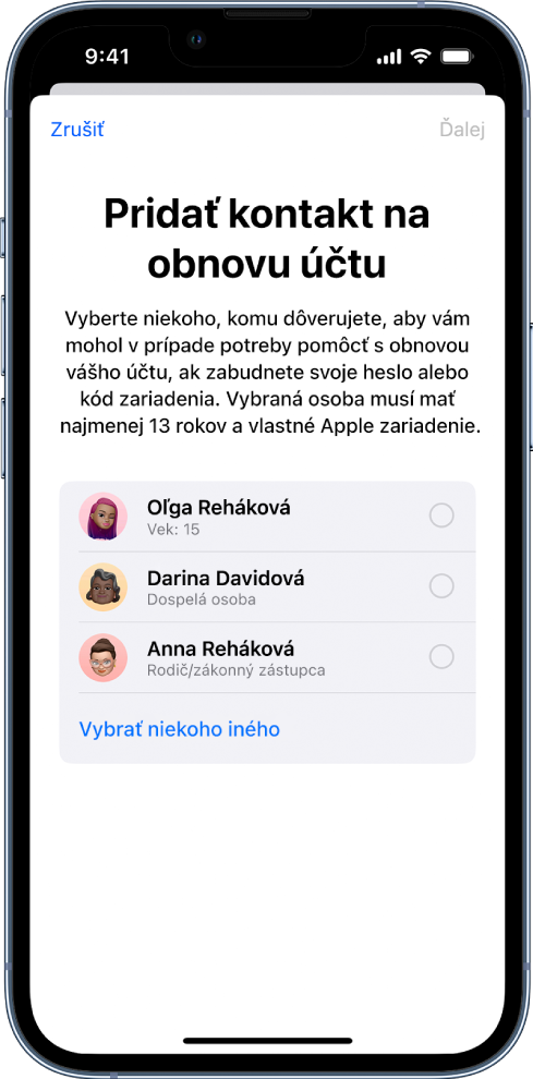 Obrazovka „Kontakt na obnovu účtu“ s návrhmi kontaktov, ktoré môžete vybrať ako kontakty na obnovu, a s možnosťou výberu iného kontaktu.
