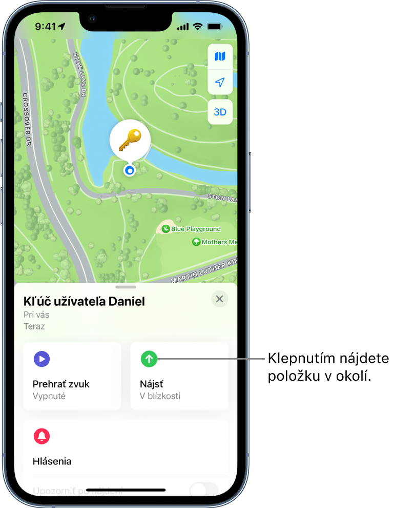 Otvorená apka Nájsť, v ktorej sa zobrazujú Dannyho kľúče v parku Golden Gate Park. Klepnutím na tlačidlo Nájsť zobrazíte polohu predmetu v blízkosti.