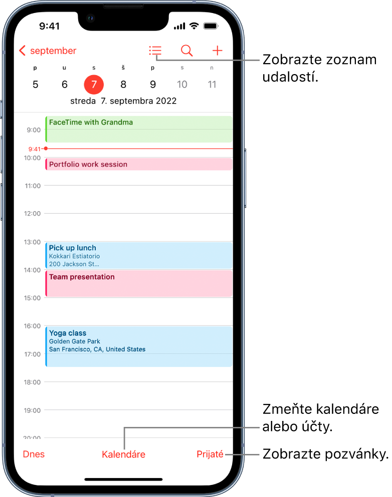 Kalendár v zobrazení dňa s dennými udalosťami. Po klepnutí na tlačidlo Kalendáre v dolnej časti obrazovky môžete zmeniť účty kalendára. Klepnutím na tlačidlo Prijaté vpravo dole zobrazíte pozvánky.