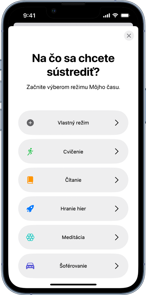 Obrazovka nastavenia režimu Môj čas pre jednu z ďalších dostupných možností režimu Môj čas, medzi ktoré patria možnosti Vlastné, Šoférovanie, Kondícia, Hranie hier, Meditácia a Čítanie.