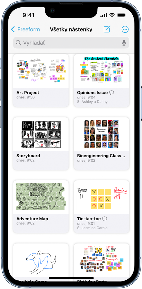 Obrazovka Všetky nástenky v apke Freeform, na ktorej sú miniatúry ôsmych násteniek.