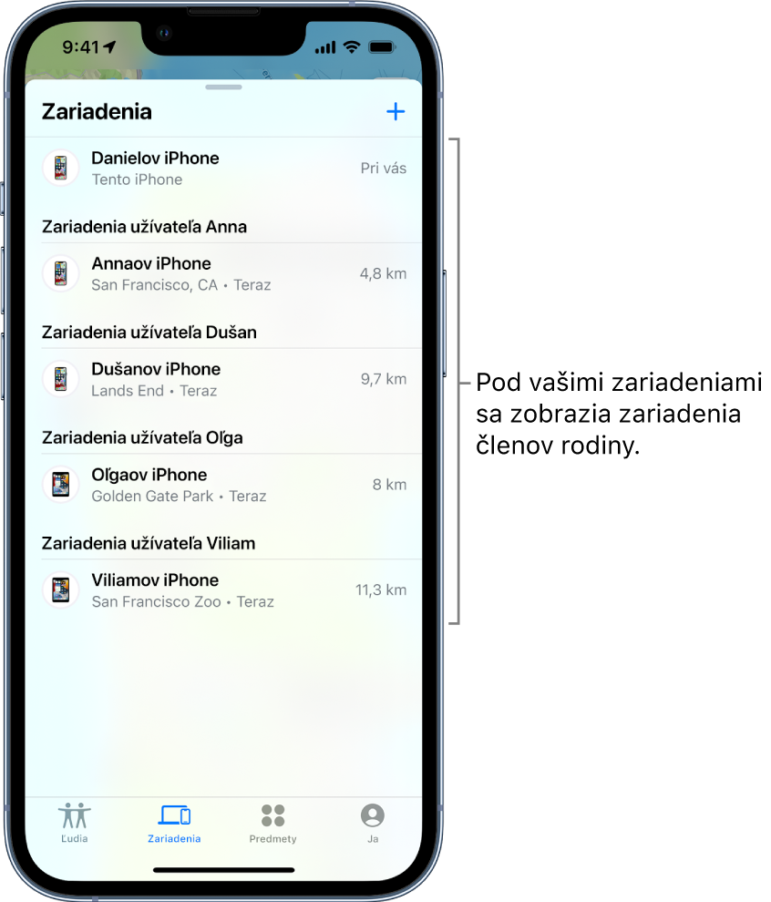 Tab Zariadenia v apke Nájsť. Na začiatku zoznamu je uvedený Danielov iPhone. Pod ním sú zariadenia Aleny, Dariny, Olívie a Viktora.