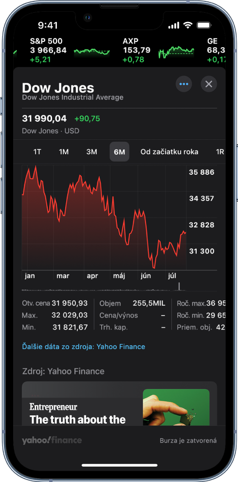 Graf v strede obrazovky zobrazuje výkonnosť akcií počas jedného dňa. Nad grafom sa nachádzajú tlačidlá na zobrazenie výkonnosti akcií za jeden deň, jeden týždeň, jeden mesiac, tri mesiace, šesť mesiacov, jeden rok, dva roky alebo päť rokov. Pod grafom sú uvedené podrobnosti o akciách, ako je napríklad otváracia, maximálna a minimálna cena a trhová kapitalizácia. V dolnej časti obrazovky je článok z Apple News.