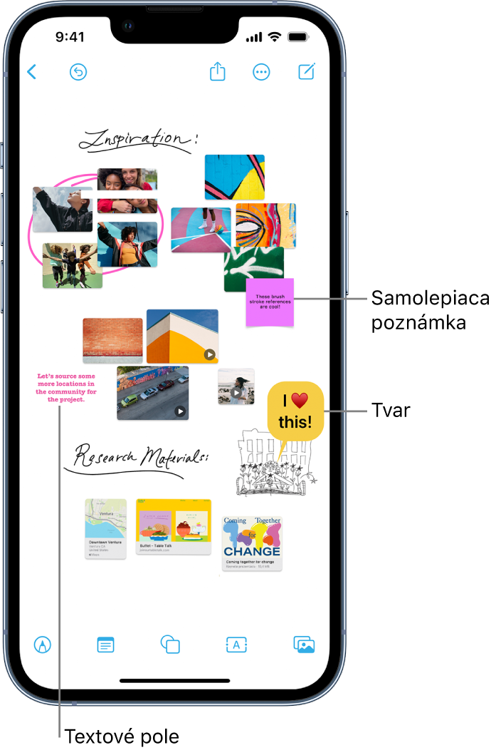 Nástenka v apke Freeform s kresbami, textovými poľami, videami, fotkami, samolepiacimi poznámkami a ďalšími objektmi.