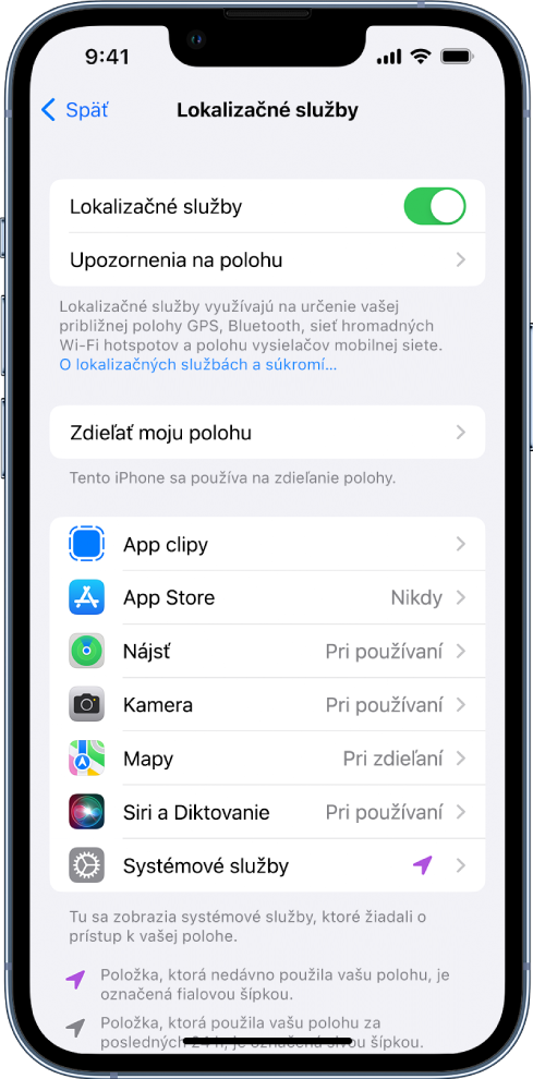 Obrazovka Lokalizačné služby s nastaveniami na zdieľanie polohy iPhonu vrátane vlastných nastavení pre jednotlivé apky.