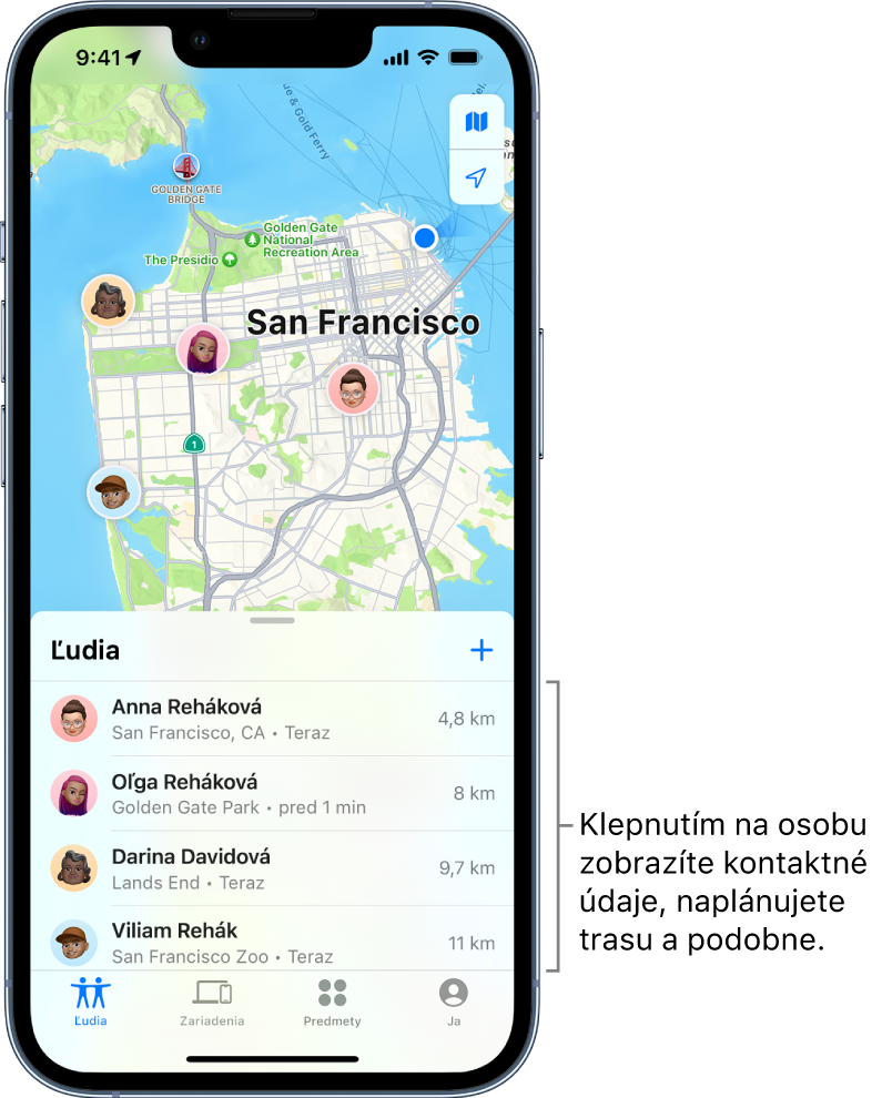 Obrazovka Nájsť s otvoreným zoznamom Ľudia. V zozname sú štyria ľudia: Anna Reháková, Oľga Reháková, Dušan Hlaváč a Viliam Rehák. Ich polohy sú zobrazené na mape San Francisca.