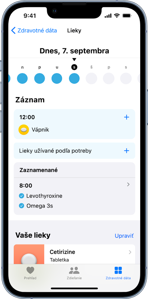 Obrazovka Lieky v apke Zdravie s časovou osou a záznamom liekov.