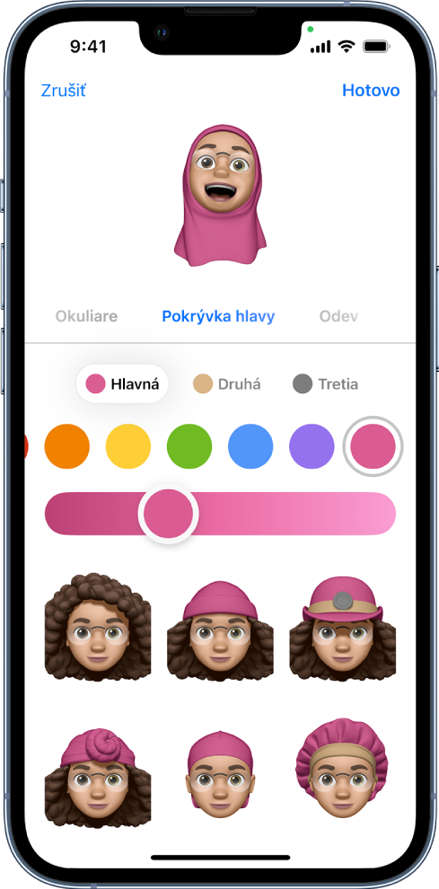 Obrazovka s memoji. V hornej časti je vytváraná postavička, upravované črty sú pod ňou a nižšie sú možnosti pre vybranú črtu. Vpravo hore je tlačidlo Hotovo a vľavo hore tlačidlo Zrušiť.