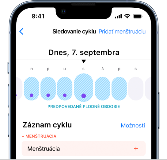 Obrazovka Sledovanie cyklu s časovou osou v hornej časti zobrazujúcou predpokladané plodné dni.