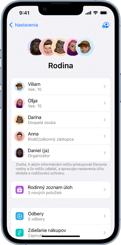 Obrazovka Rodinné zdieľanie v Nastaveniach. Sú uvedení piati členovia rodiny. Pod ich menami sú možnosti Rodinný zoznam úloh, Odbery, Zdieľanie nákupov a Zdieľanie polohy.