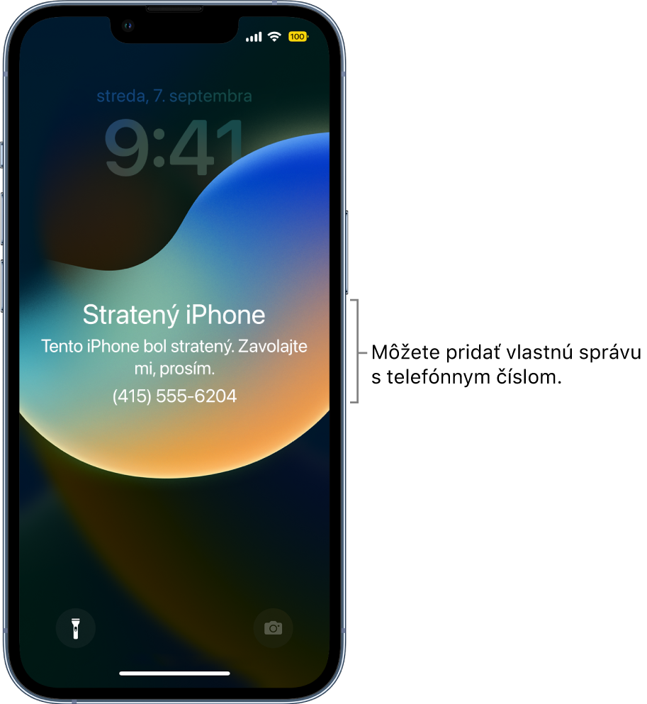 Zamknutá obrazovka iPhonu so správou: „Stratený iPhone. Tento iPhone je stratený. Zavolajte mi. (415) 555-6204.“ Môžete pridať vlastnú správu s vaším telefónnym číslom.