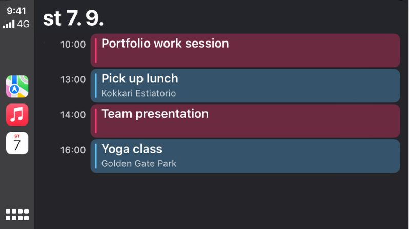 Obrazovka kalendára v systéme CarPlay, na ktorej sa zobrazujú štyri udalosti naplánované na stredu 7. septembra.