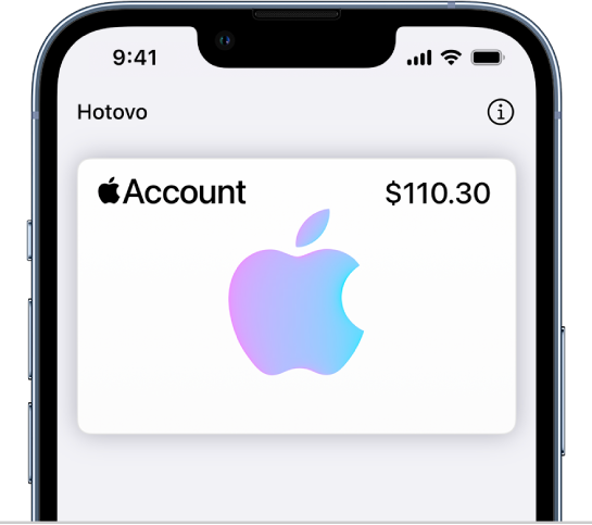 Karta účtu Apple v Peňaženke zobrazujúca zostatok účtu vpravo hore.